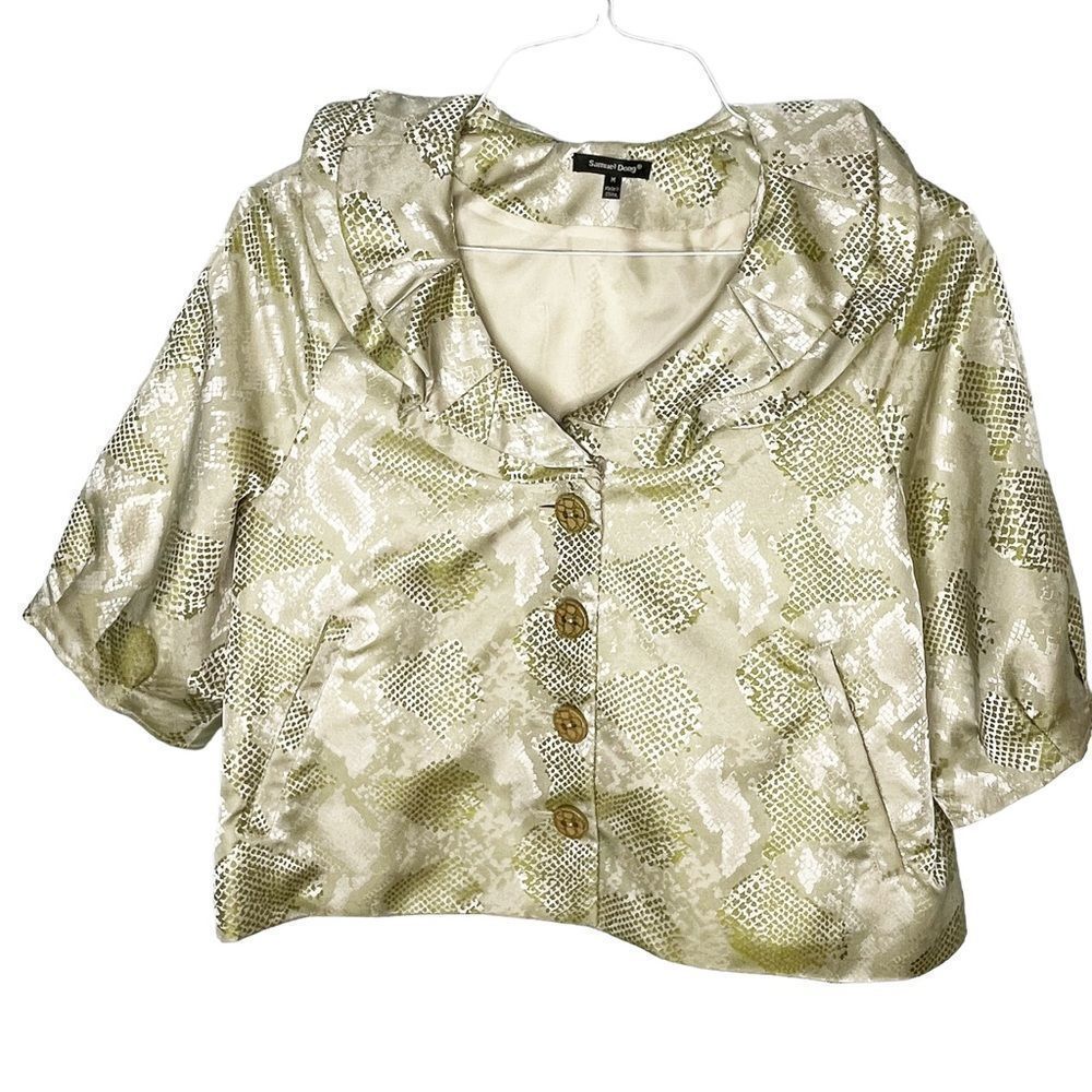 Samuel Dong metallic medium button up metal double ruffle neckline
